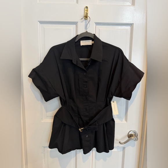 NWT Anthropologie Exquise The Tobie Double  Buckle Belted Black Women's Top Sz L - Picture 5 of 8